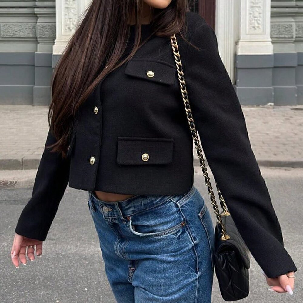 Black Elegant Women's Casual Tweed Jacket Decorated Long Sleeve Coat